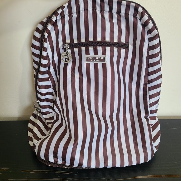 Henri Bendel Zip Around Packable Brown White Stripe Backpack Lightweight Compact - Picture 1 of 8
